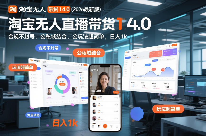 淘宝无人直播带货14.0(2026最新版):合规不封号,公私域结合,玩法超简单,日入1k+【揭秘】-极速搞钱云网创