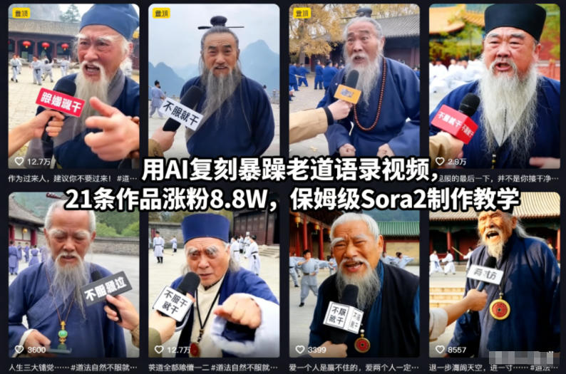 用AI复刻暴躁老道语录视频，21条作品涨粉8.8W，保姆级Sora2制作教学-极速搞钱云网创