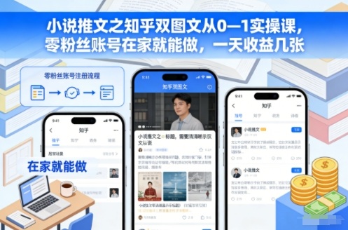 小说推文之知乎双图文从0—1实操课，零粉丝账号在家就能做，一天收益几张-极速搞钱云网创