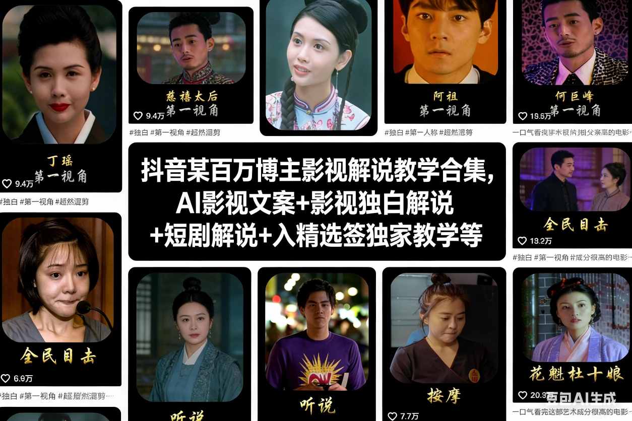 抖音某百万博主影视解说教学合集，AI影视文案+影视独白解说+短剧解说+入精选签独家教学等-极速搞钱云网创