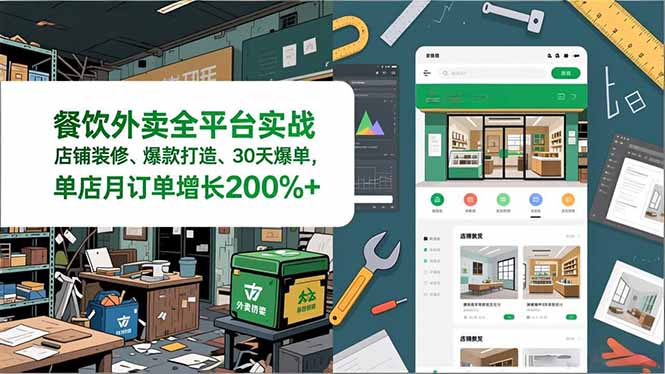 餐饮外卖全平台实战，店铺装修、爆款打造、30天爆单，手把手教学，单店月订单增长200%+-极速搞钱云网创