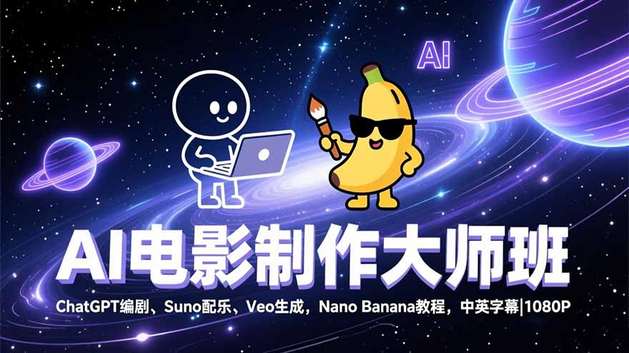 AI电影制作大师班:ChatGPT编剧、Suno配乐、Veo生成,Nano Banana教程,中英字幕|1080P-极速搞钱云网创