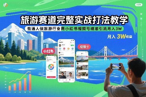 旅游赛道完整实战打法教学，普通人做旅游行业用小红书视频号精准引流月入3W-极速搞钱云网创