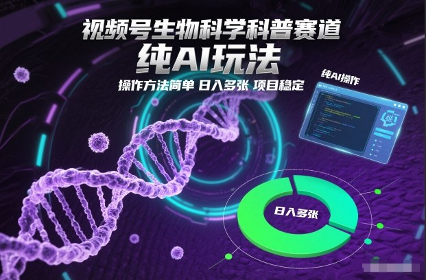 视频号生物科学科普赛道，纯AI玩法，操作方法简单，日入多张，项目稳定-极速搞钱云网创