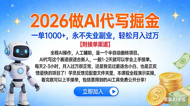 2026做AI代写掘金，一单1000+，永不失业副业，轻松月入过万-极速搞钱云网创