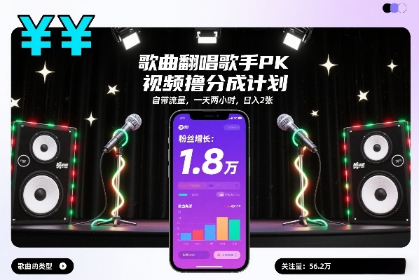 歌曲翻唱歌手PK视频撸分成计划，自带流量，一天两小时，日入2张-极速搞钱云网创