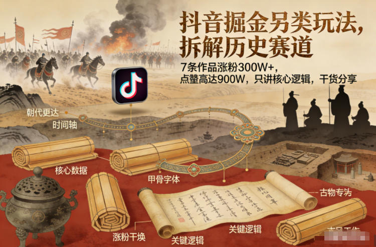 抖音掘金另类玩法,拆解历史赛道,7条作品涨粉300W+,点赞量高达900W,只讲核心逻辑,干货分享-极速搞钱云网创