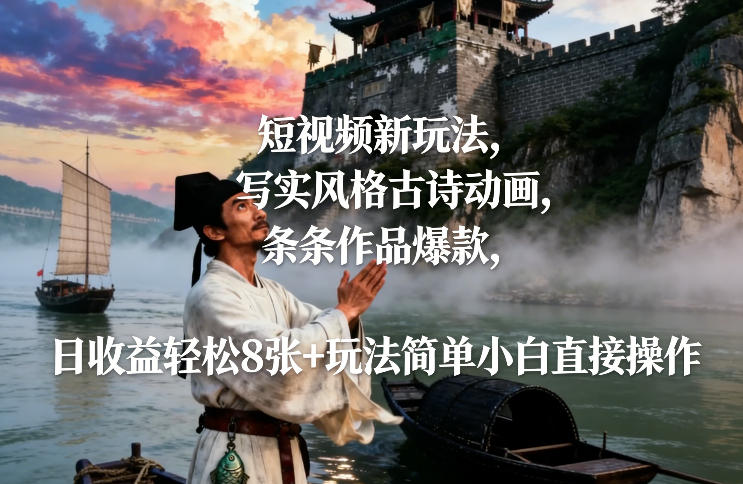短视频新玩法，写实风格古诗动画，条条作品爆款，日收益轻松8张+玩法简单小白直接操作-极速搞钱云网创