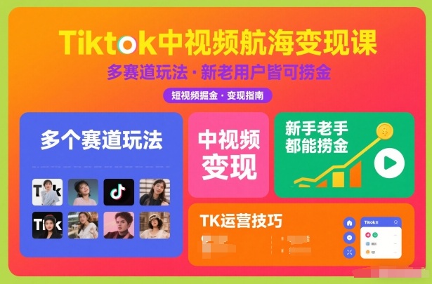 Tiktok中视频航海变现课,多个赛道玩法,新手老手都能在TK中视频捞金-极速搞钱云网创