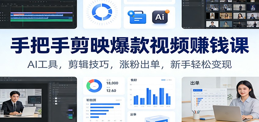 手把手剪映爆款视频赚钱课:AI工具,剪辑技巧,涨粉出单,新手轻松变现-极速搞钱云网创