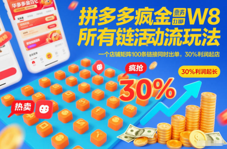 拼多多疯狂活动流玩法，所有链接全部打标，一个店铺矩阵100条链接同时出单，30%利润起店-极速搞钱云网创