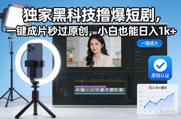 独家黑科技撸爆短剧,一键成片秒过原创,小白也能日入1k+【揭秘】-极速搞钱云网创