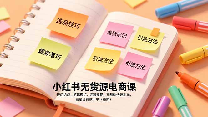 小红书无货源电商课，开店选品、笔记搬运、运营变现，零基础快速出单，稳定日销数十单(更新-极速搞钱云网创
