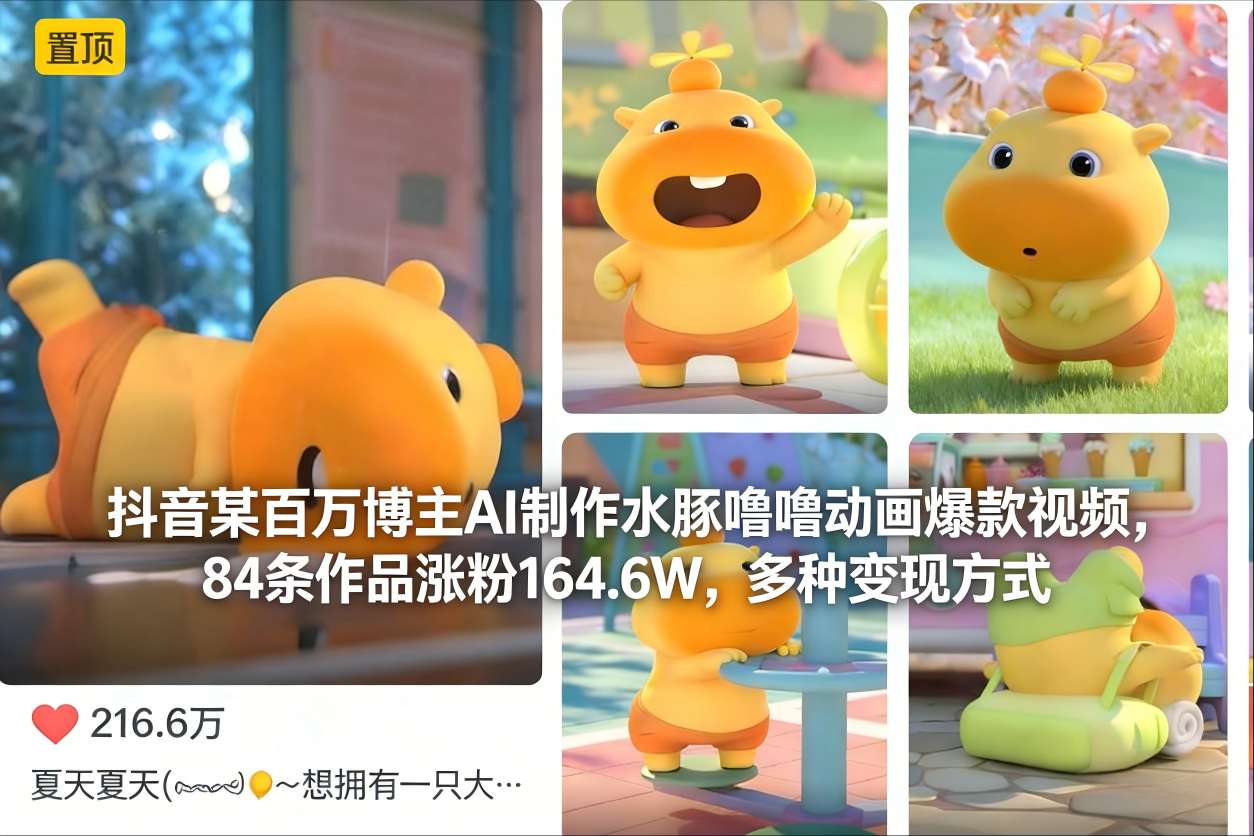 抖音某百万博主AI制作水豚噜噜动画爆款视频,84条作品涨粉164.6W,多种变现方式-极速搞钱云网创
